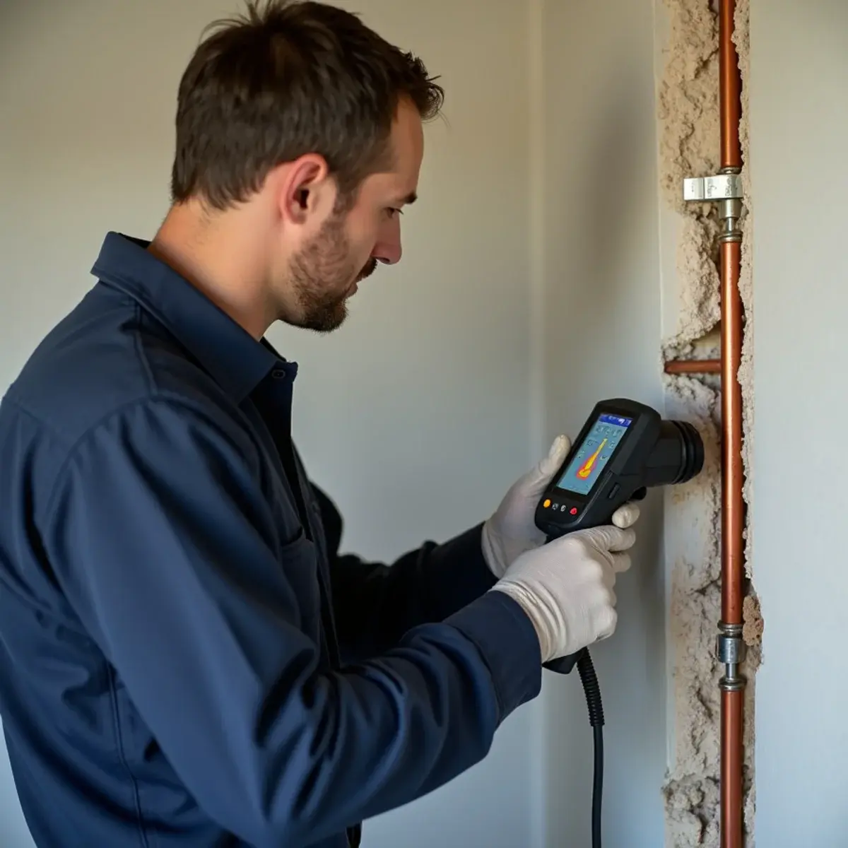 Technician scanning a wall with a thermal camera beside a flood cut exposing a split copper supply line