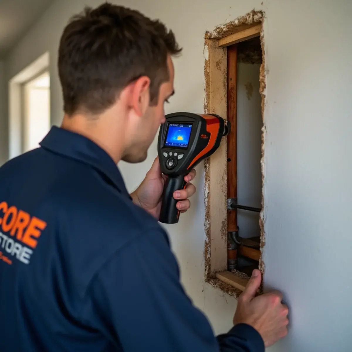 Restoration technician inspecting a burst pipe inside a wall cavity in a Glendale, CA home