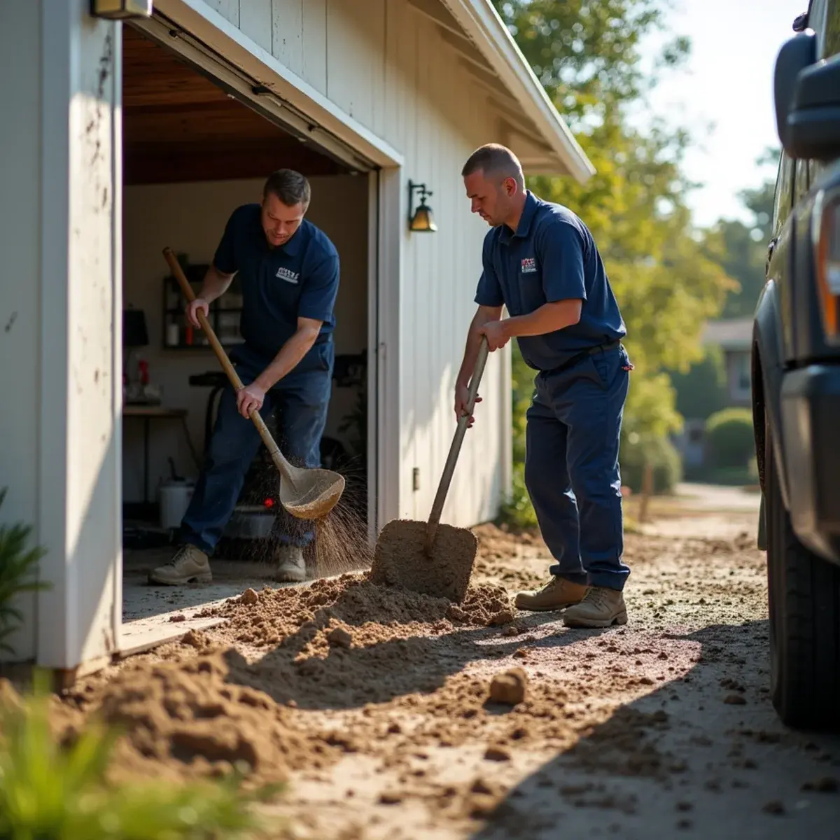 Crew shovelling storm mud from a Glendale hillside garage while a trash pump discharges silt-laden water