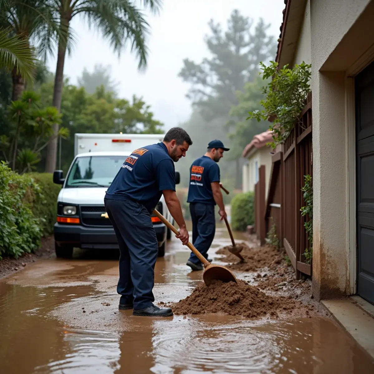 Crew cleaning up storm flood water and mud from a hillside home garage in Glendale, CA