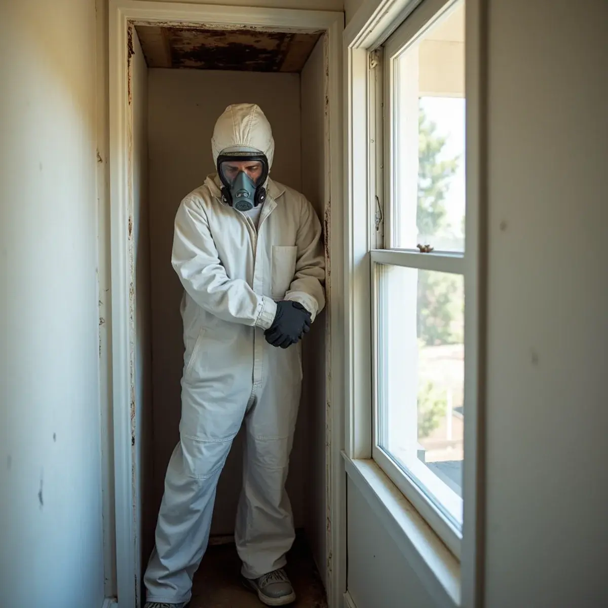Technician in coveralls and respirator working inside a sealed containment chamber with a HEPA negative-air machine