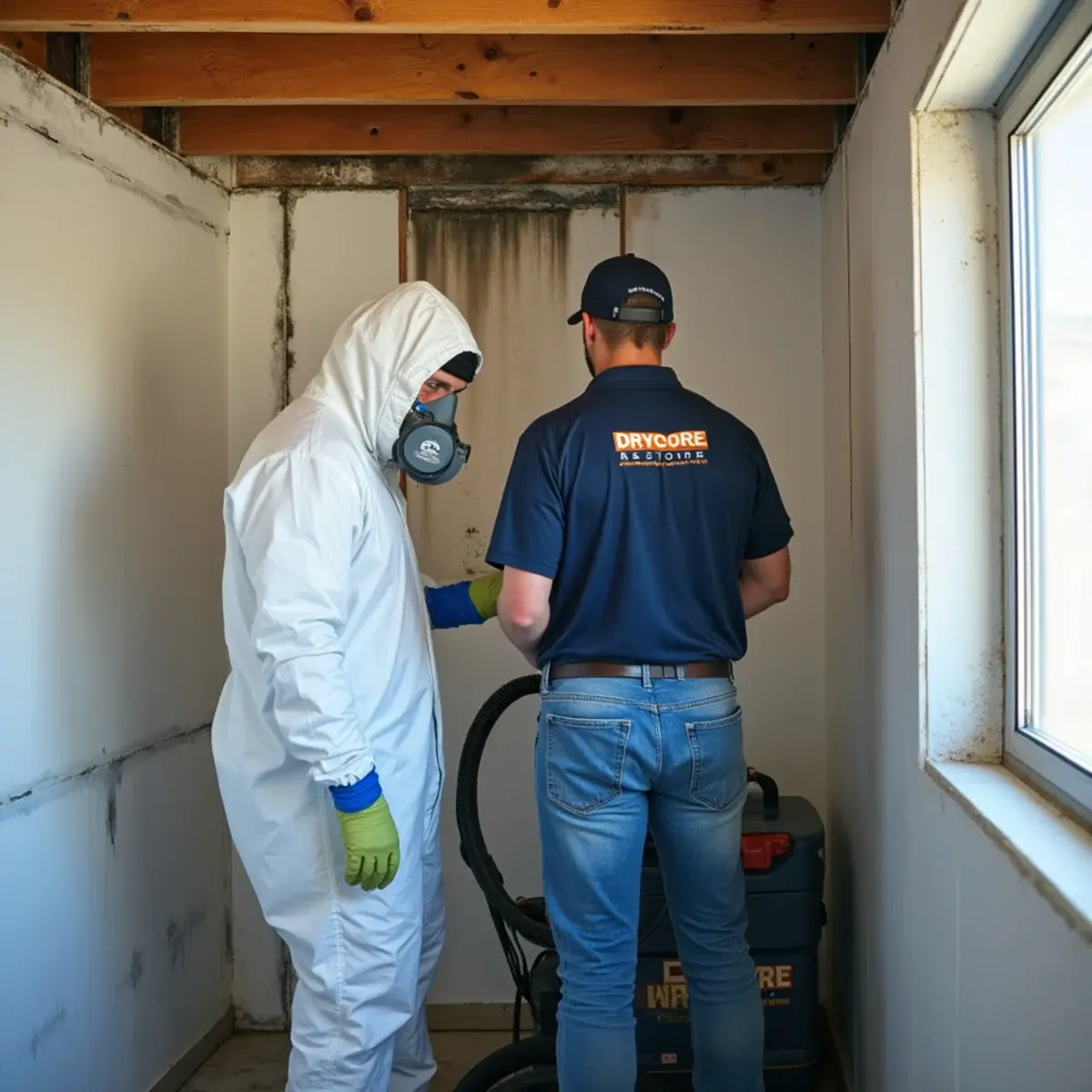 Mold remediation technician in protective gear working inside a containment barrier in a Glendale, CA home