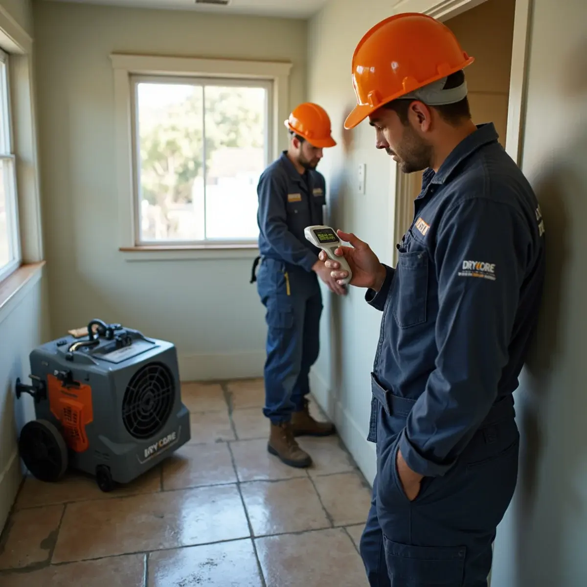 Water damage restoration crew working inside a home in Adams Hill, CA