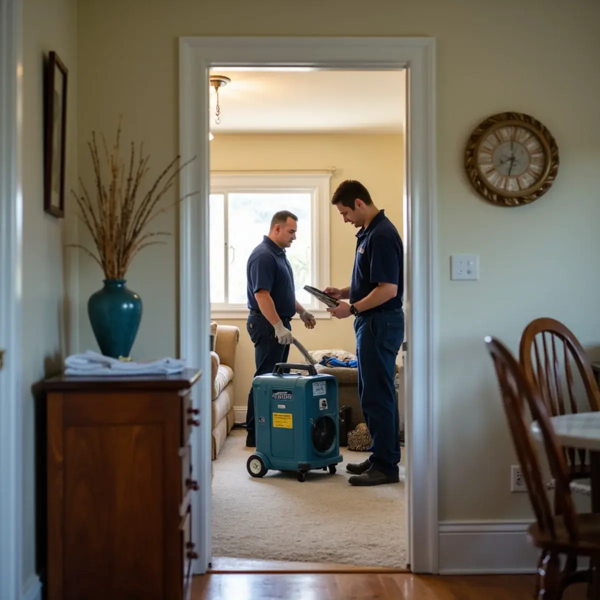 Water damage restoration crew working inside a home in Glendora, CA