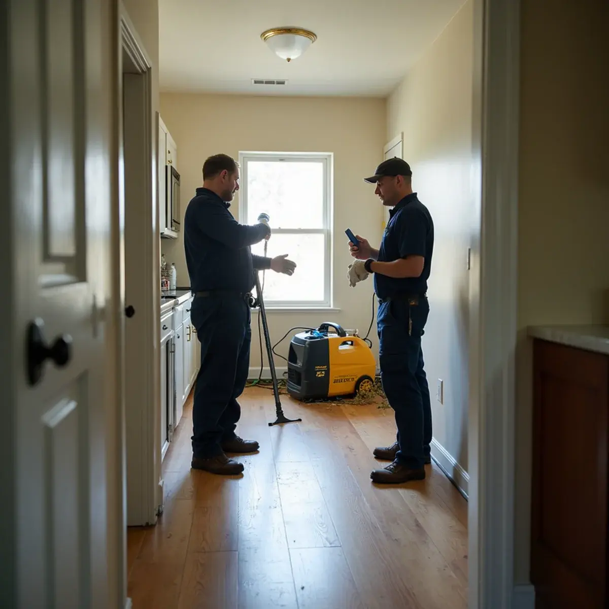 Water damage restoration crew working inside a home in Mid-Wilshire, CA