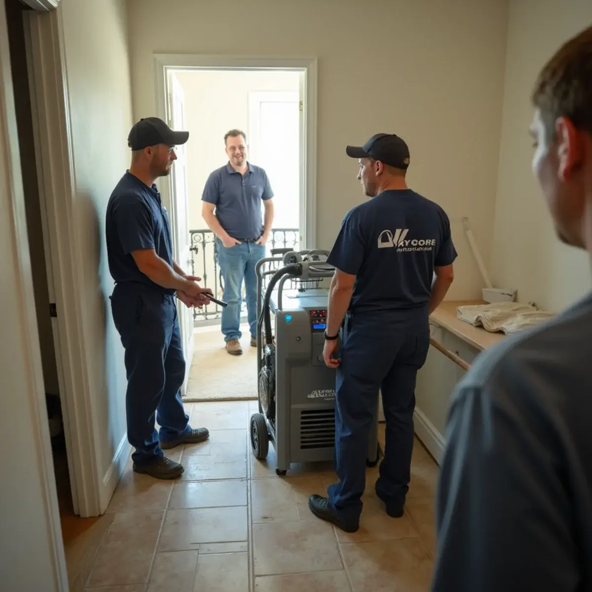 Water damage restoration crew working inside a home in North Hollywood, CA