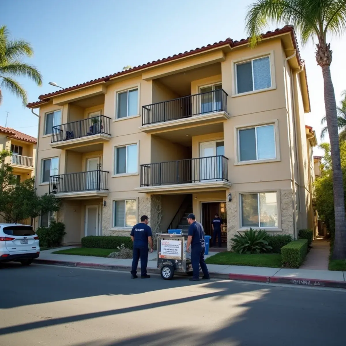 Apartment building in North Hollywood, CA where water damage restoration equipment is being set up