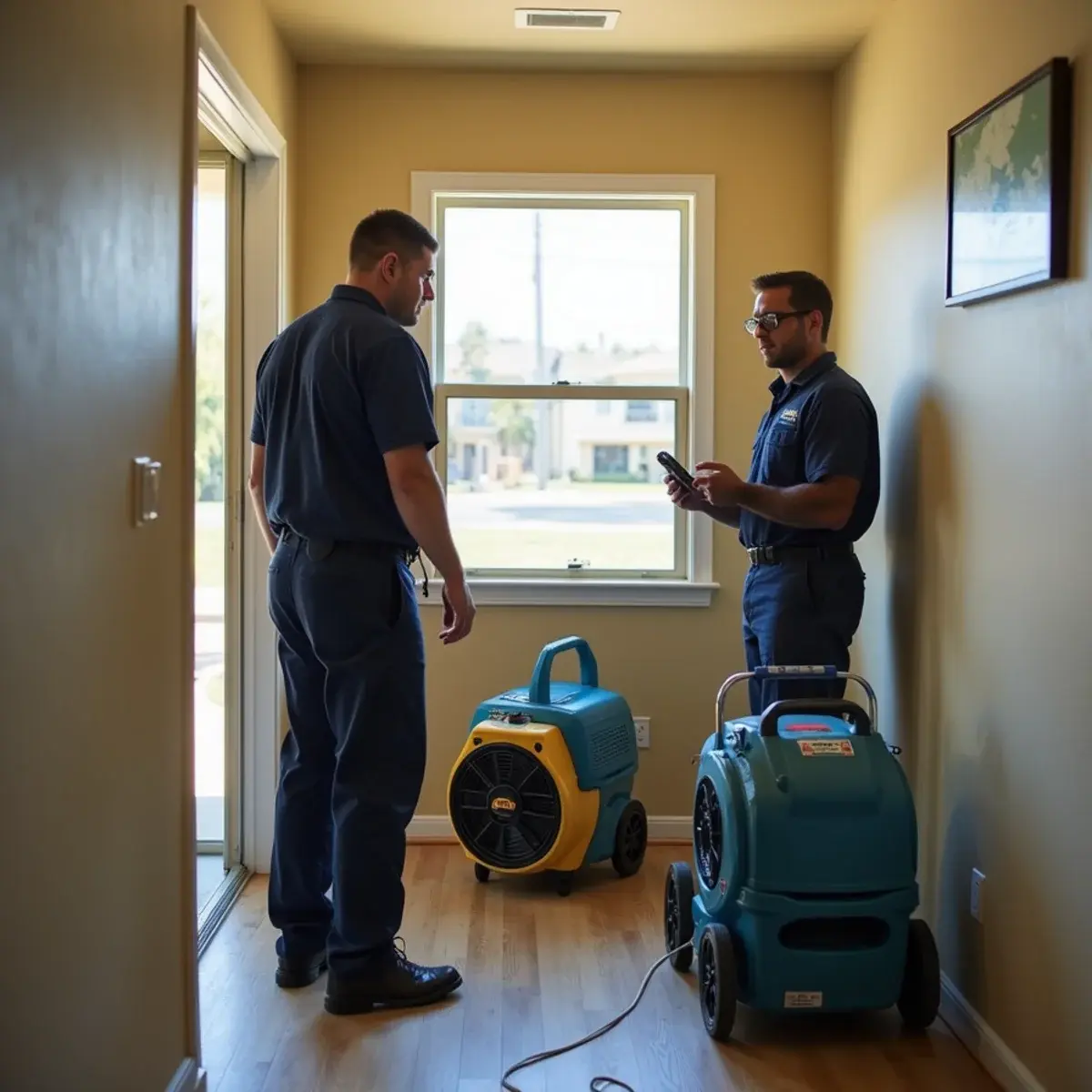 Water damage restoration crew working inside a home in Panorama City, CA