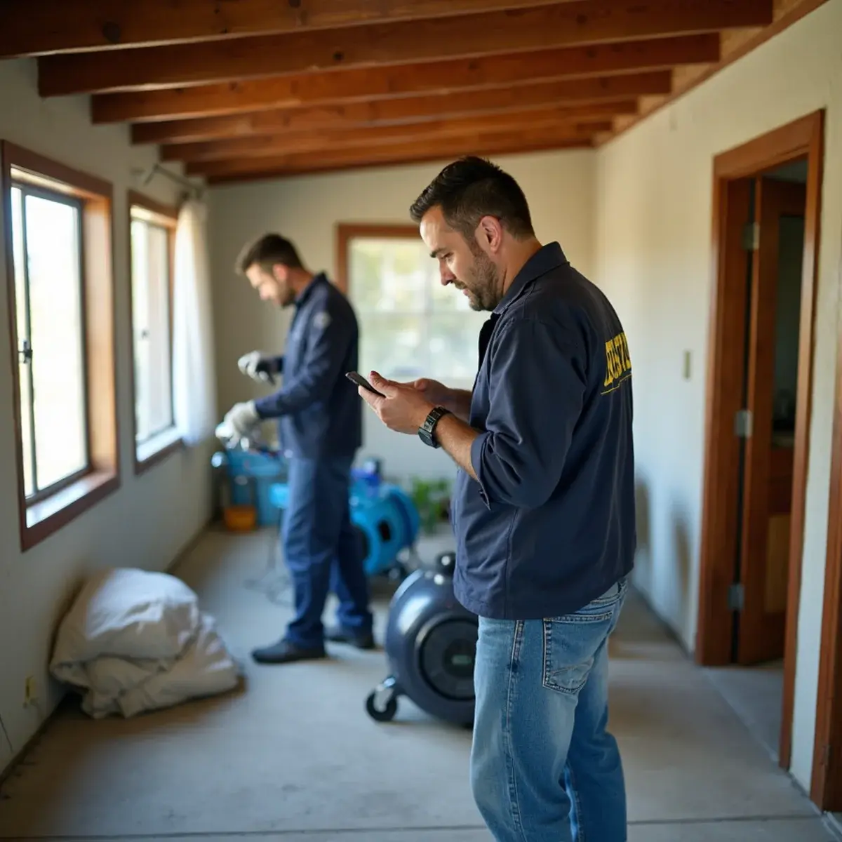 Water damage restoration crew working inside a home in Studio City, CA