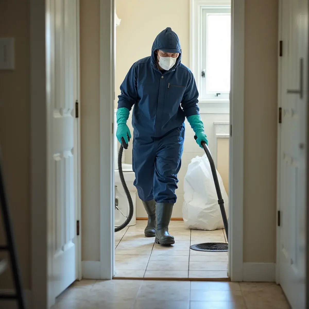 Technician in full PPE removing contaminated flooring inside a sealed bathroom containment with biohazard bags staged