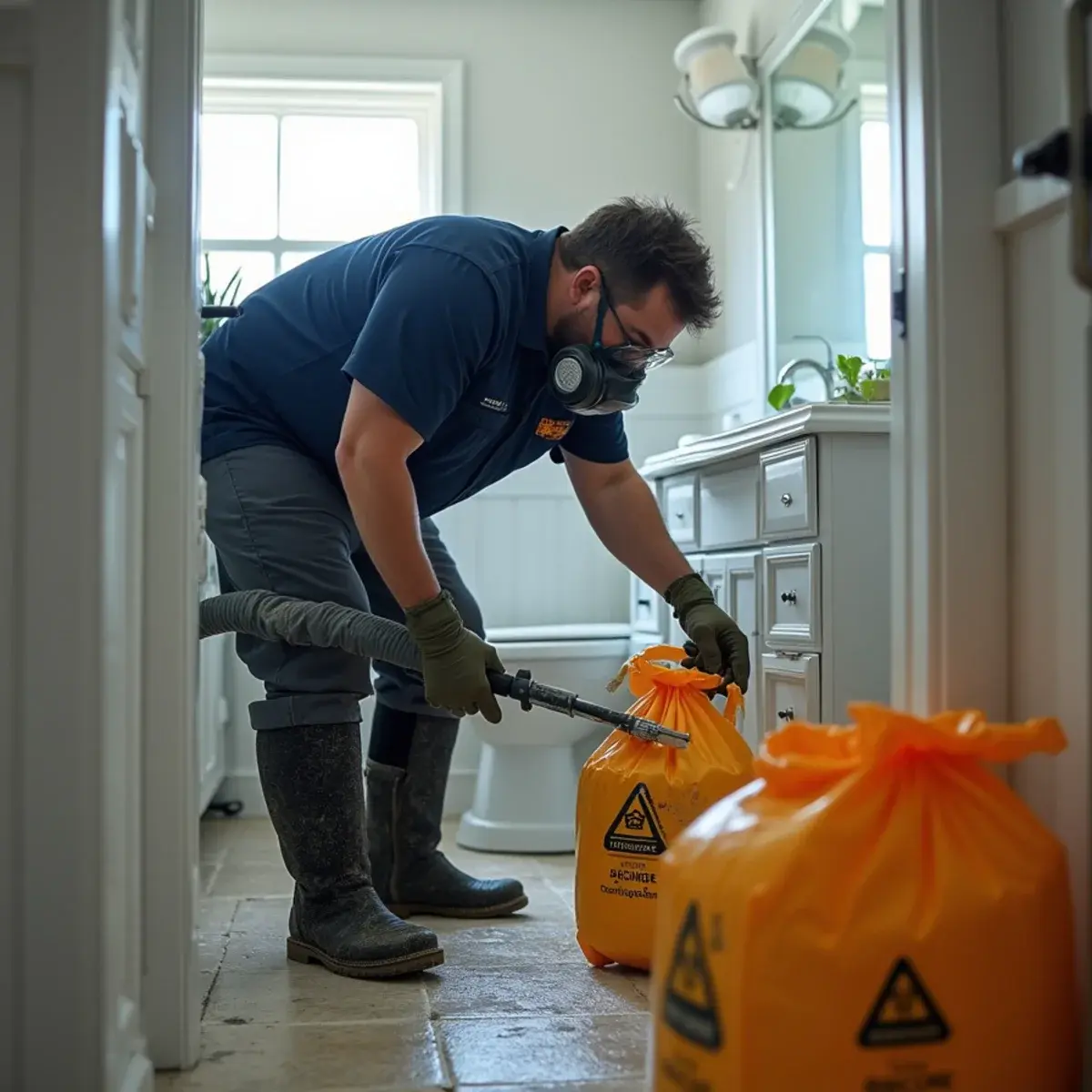 Technician in full protective equipment performing sewage backup cleanup in a Glendale, CA bathroom
